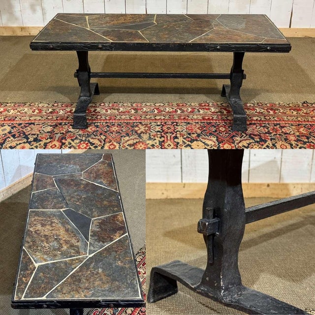 Coffee table in wrought steel with a slate top, circa 1950s - L=1.05m W=43cm H=45cm