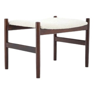 Mid-Century Danish Modern Wooden Stool in White Bouclé, 1960s For Sale