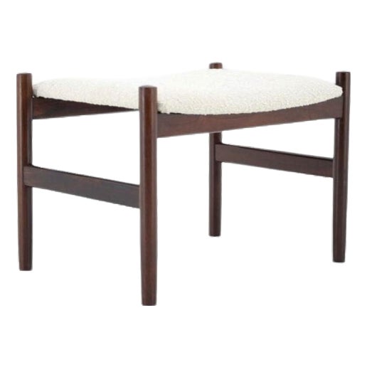 Mid-Century Danish Modern Wooden Stool in White Bouclé, 1960s For Sale