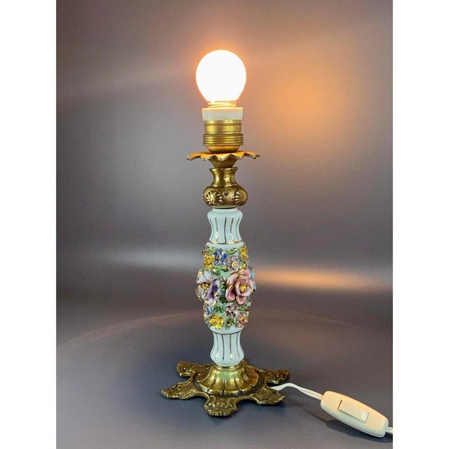Vintage Italian Brass and Porcelain Table Lamp with Hand-Painted Flowers from Capodimonte For Sale - Image 10 of 11