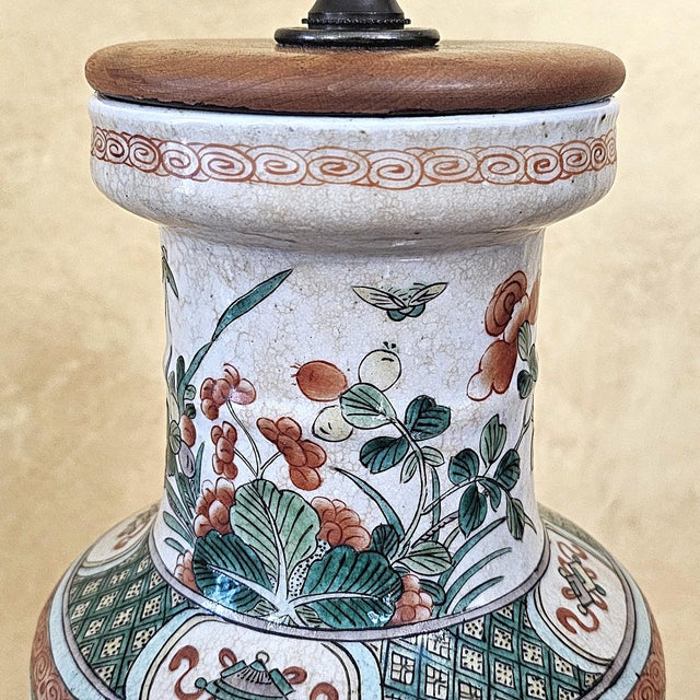 Ceramic Vintage Chinese Famille Verte Style Porcelain Table Lamp With Hand Painted Birds & Peonies For Sale - Image 7 of 18