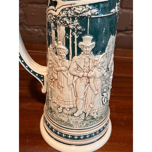 Vintage German Beer Stein Pewter Lid Relief Green & White 14" For Sale In San Francisco - Image 6 of 6