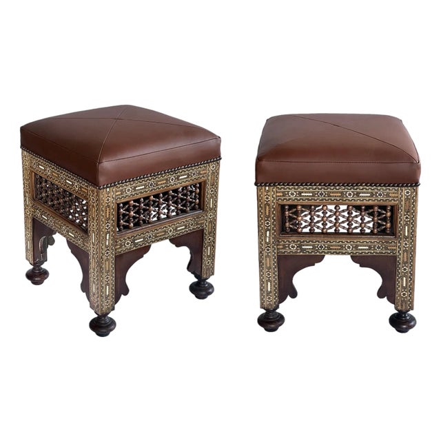 Pair of Moroccan Carved and Inlaid Square Leather Upholstered Stools For Sale