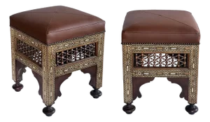 Pair of Moroccan Carved and Inlaid Square Leather Upholstered Stools