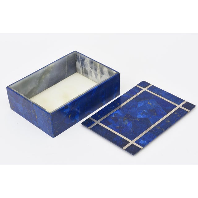 Mid Century Modern Lapis Lazuli, Silver Inlay and Quartz Stone Box, 1950's For Sale In Miami - Image 6 of 13
