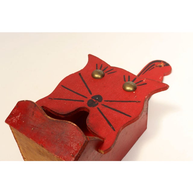 Red Vintage Folk Art Carved "Cat" Hand-Painted Red and Black Wooden Matchbook Holder For Sale - Image 8 of 13