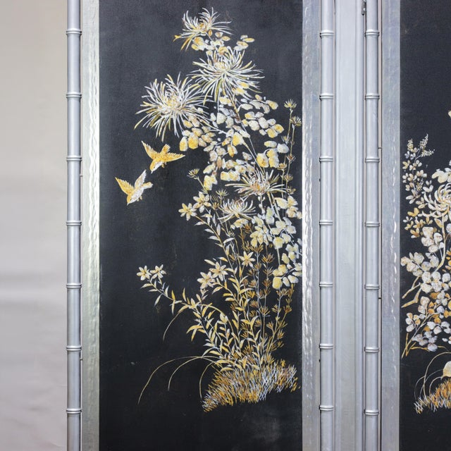 Vintage Chinoiserie Four-Panel Folding Screen – Hand-Painted Floral Motif With Silver Faux Bamboo Frame For Sale - Image 13 of 15