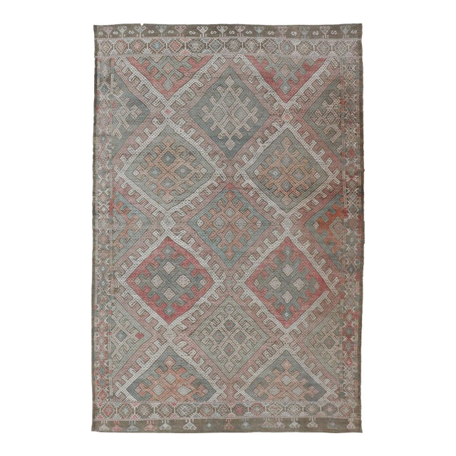 Vintage Turkish Embroidered Kilim Rug With Geometric Diamond Design 6'3 X 10'4 For Sale