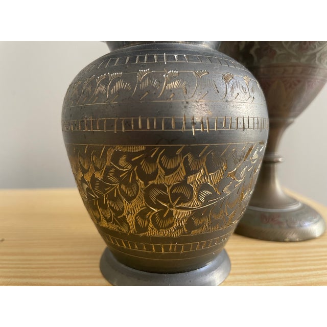Oriental Indian Etched Brass Vessel Vases, 1990s, Set of 2 For Sale - Image 11 of 12