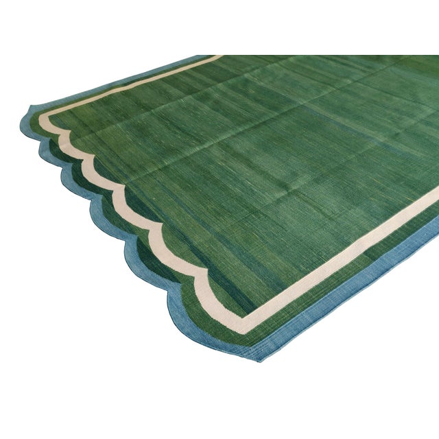 Casa Cosima Handmade Cotton Vegetable Dyed Rug, Scalloped Forest Green Dhurrie - 14'x16' For Sale - Image 4 of 12