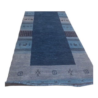 5x8 Handloomed Blue Gabbeh Tribal Geometric Modern Hand Loomed Wool Carpet Rug For Sale