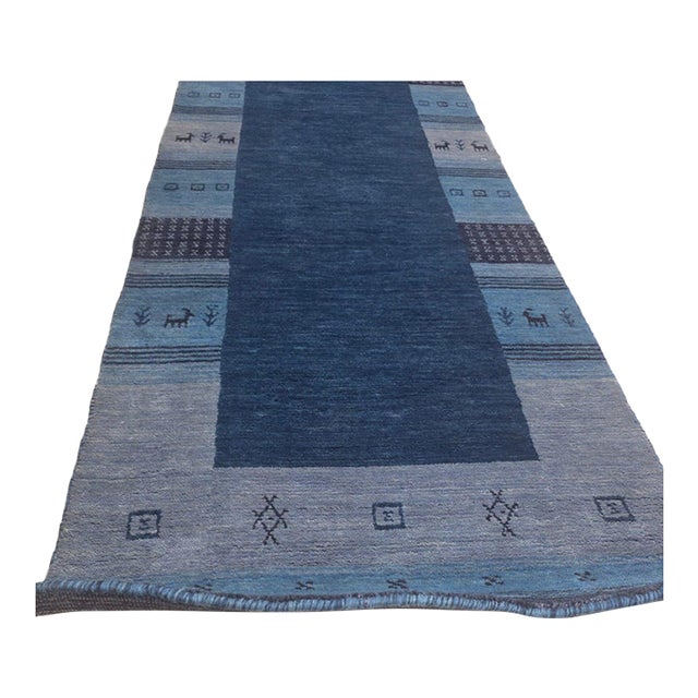 5x8 Handloomed Blue Gabbeh Tribal Geometric Modern Hand Loomed Wool Carpet Rug For Sale