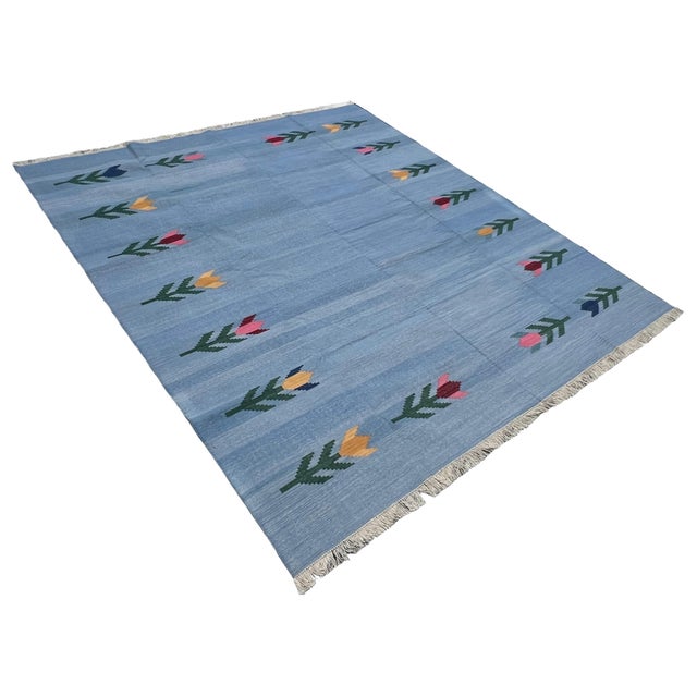 Handmade Cotton Vegetable Dyed Flat Weave Area Rug, Sky Blue Leaf Dhurrie - 8'x10' For Sale - Image 11 of 13