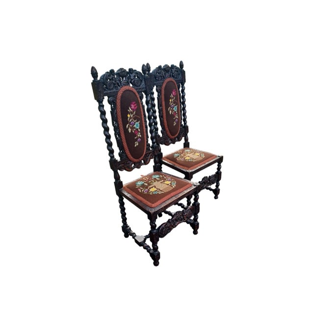 Vintage Pair of Jacobean Wooden Carved and Embroidered Chairs For Sale In West Palm - Image 6 of 6