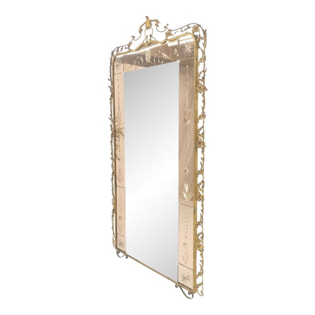 Large Standing 9' Tall Forged Gold Gilt Metal Leafs & Flowers Mirror CLEAN! For Sale