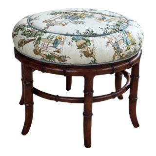 1970s Faux Bamboo Round Ottoman in Brighton Greef Chinoiserie For Sale