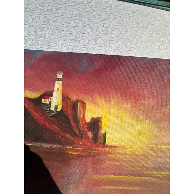 Textile 1990s Lighthouse and Sunset Seascape Painting on Canvas For Sale - Image 7 of 8