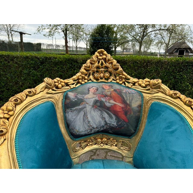 Gold 1900s French Louis XVI Blue Velvet / Green Beech Sofa Set 3pc For Sale - Image 8 of 16