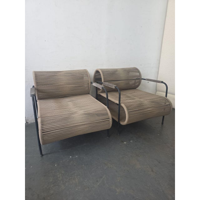 Modern Pair of Elo Armchair Lounge Chair in/Outdoor in Metal, Rope and Wood Arm by Filipe Ramos, Attributed For Sale - Image 3 of 5