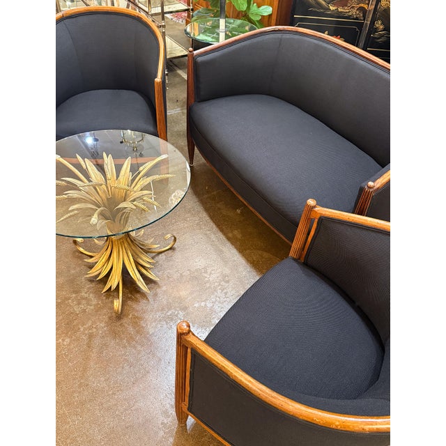 French Sofa or Settee in the Art Deco Style Upholstered in Black Linen For Sale - Image 10 of 14
