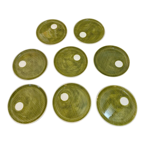 Rare Set of 8 Vintage Mancioli for Raymor Luncheon Plates | Mid-Century Modern Moss Green 'Diamond Mesh' Design