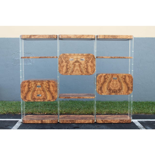 1970's Huge Lucite with Melamine Room Divider/ Screen/ Wall Unit. Compartmentalized with exotic wood detail. Dry bar/...