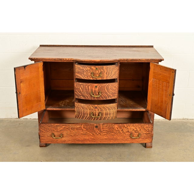 Late 19th Century Antique Victorian Carved Tiger Oak Sideboard or Bar Cabinet, Circa 1890s For Sale - Image 5 of 16