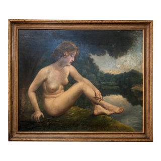 Early–Mid 20th Century Signed j.m. Robinson Oil on Board — Reclining Nude by the Water For Sale
