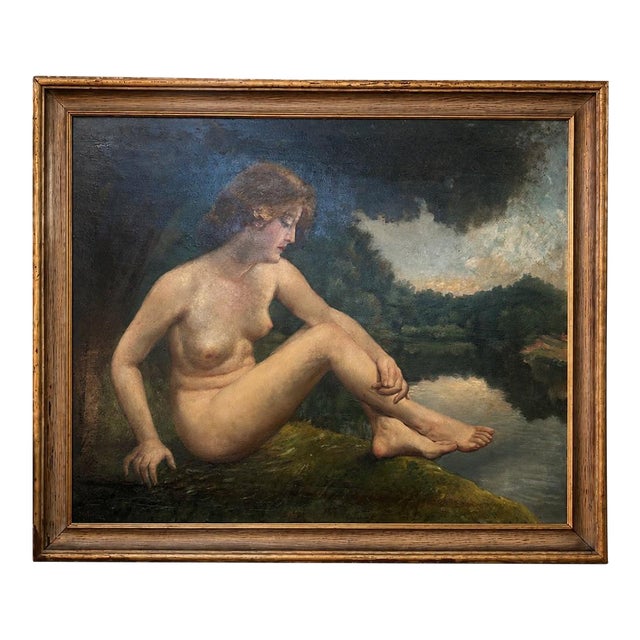 Early–Mid 20th Century Signed j.m. Robinson Oil on Board — Reclining Nude by the Water For Sale