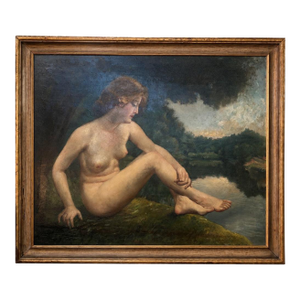 Early–Mid 20th Century Signed j.m. Robinson Oil on Board — Reclining Nude by the Water