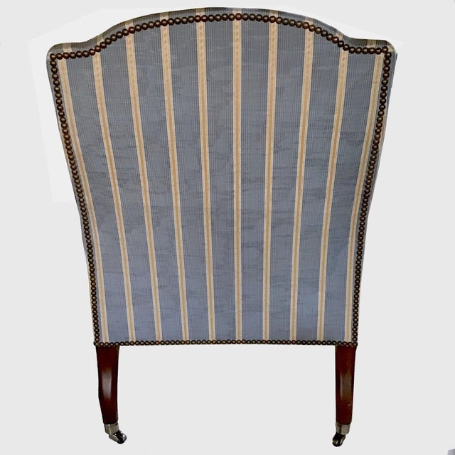 Wood Vintage French Napoleon III Curved Back Armchair With Matching Ottoman Covered With Osborne & Little Mid Blue & Yellow Striped Silk Moiré. For Sale - Image 7 of 13