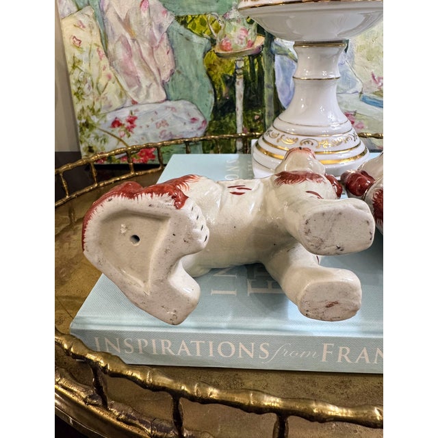 Charming Pair of Vintage Staffordshire Style Spaniels With Gilt Chain Collars and Parted Legs, Red & Cream Porcelain Dogs For Sale - Image 16 of 17