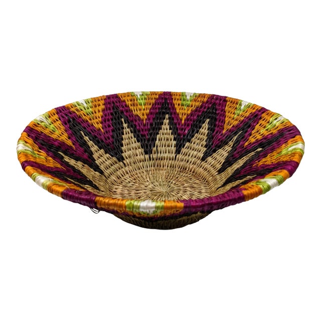 Boho Chic African Handwoven Purple, Black, Orange and Tan Basket Catchall For Sale