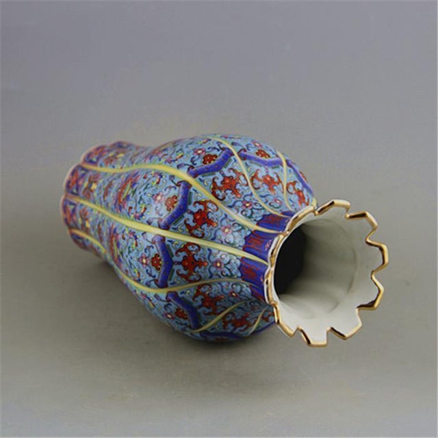 Famille Rose Scalloped Porcelain Vase, Gilded Multi-Color Floral Lobed Vase For Sale - Image 4 of 5