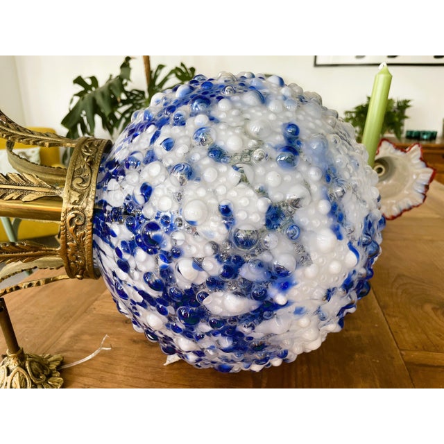 Metal Large Portuguese Regency Style Blue Glass Crowned Chandelier attributed to Marinha Grande, 1970s For Sale - Image 7 of 14