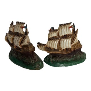 1930s Cast Brass Mayflower Bookends For Sale