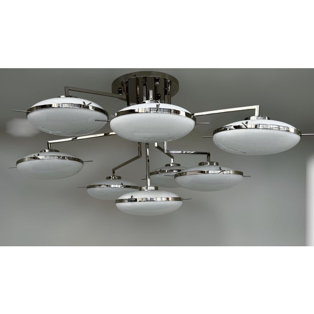 Italian flush mount with 8 glossy white Murano glass shades mounted on polished nickel finish structure / Made in Italy 8...