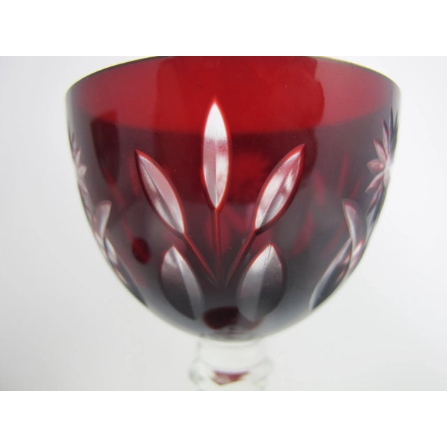Art Deco Vintage Bohemian Ruby Red Flower Cut Crystal Glass 5 1/2" Hock Wine Glass Pair For Sale - Image 3 of 7