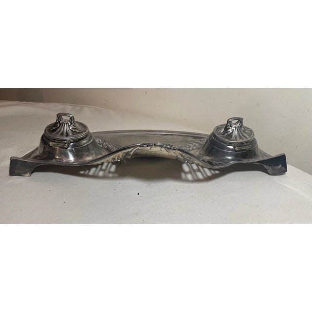 Antique Ornate 1800's Art Nouveau Thick Gilt Brass Desk Pen Inkwell Tray Bronze For Sale - Image 11 of 12