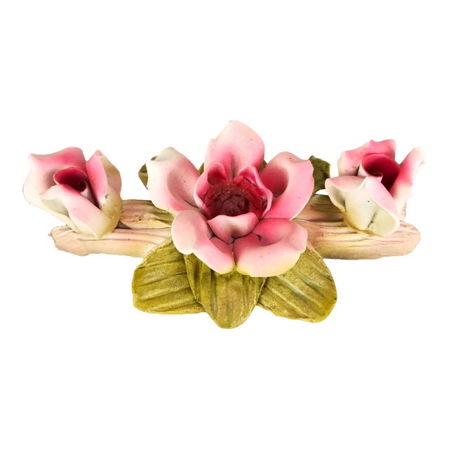 Vintage Pink Magnolia Flowers on the Branch Porcelain Figurine, Capodimonte Style For Sale
