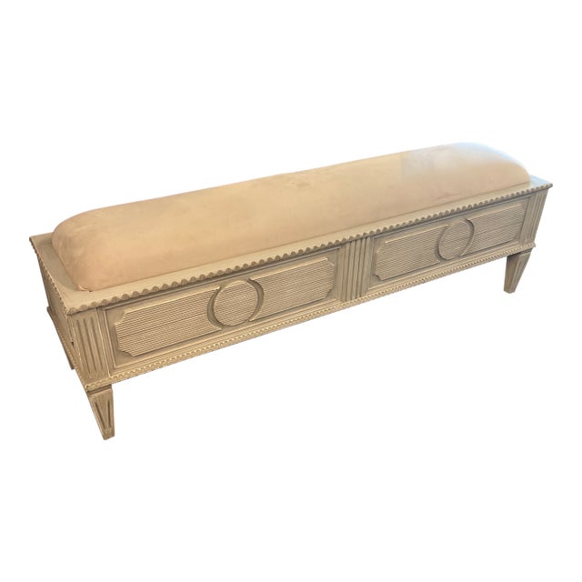 Vintage White Wooden Detailed Carved Bench With Cushion For Sale