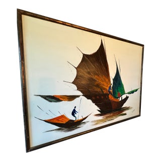 Large Signed Mid-Century Abstract Sailboat Painting by Chiang – Bamboo Frame For Sale