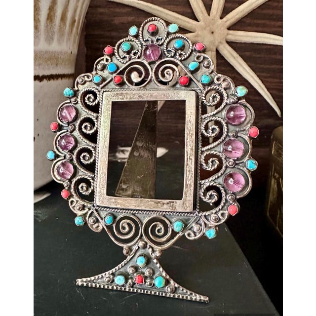 Silver Vintage Sterling Silver Taxco Picture Frame, Turquoise Coral Amethyst Gemstones For Sale - Image 8 of 12