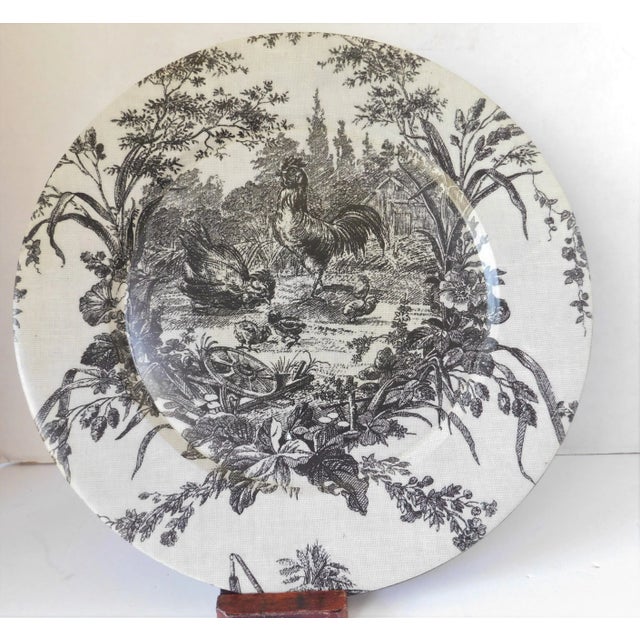 Gray and Black Heavy Plastic Late 19th Century Large Decorative Scenic Rooster Farm Scene Plate With Leaves and Flowers in...