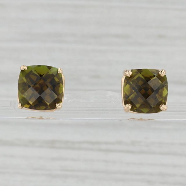 Modern 8.20ctw Green Tourmaline Stud Earrings 14k Yellow Gold Cushion Solitaire Studs For Sale - Image 3 of 5