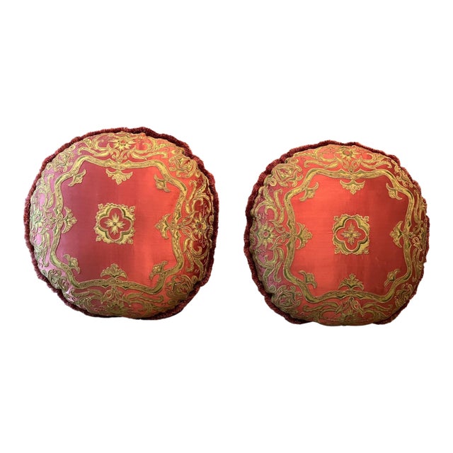 Pair of Decorative Silk Pillows With Trim For Sale