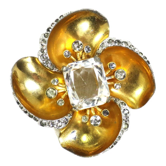 Vintage 1940s Designer Mazer Gold & Crystal Fur Clip Brooch For Sale