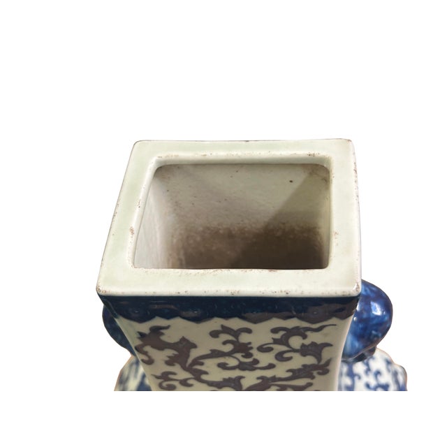 Oriental Blue White Heart Shape Flat Floral Elephant Ring Porcelain Vase For Sale - Image 11 of 12