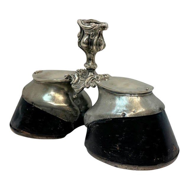 Antique Edwardian Sterling Silver Double Horse Hoof Inkwell Desk Stand For Sale