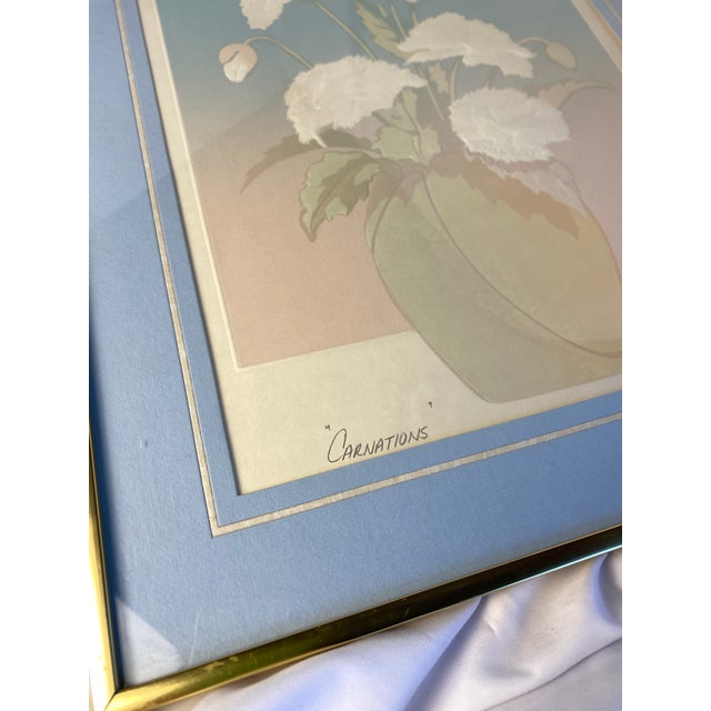 Blue 1980s Embossed Floral Serigraph "Carnations" by David Allgood For Sale - Image 8 of 10